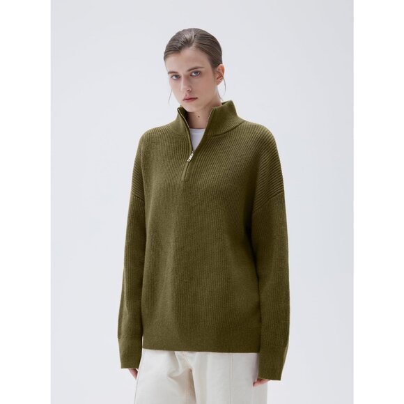 Women Olive Green Oversized Cashmere Collared Ribbed Long Sleeve Sweater - Picture 5 of 7